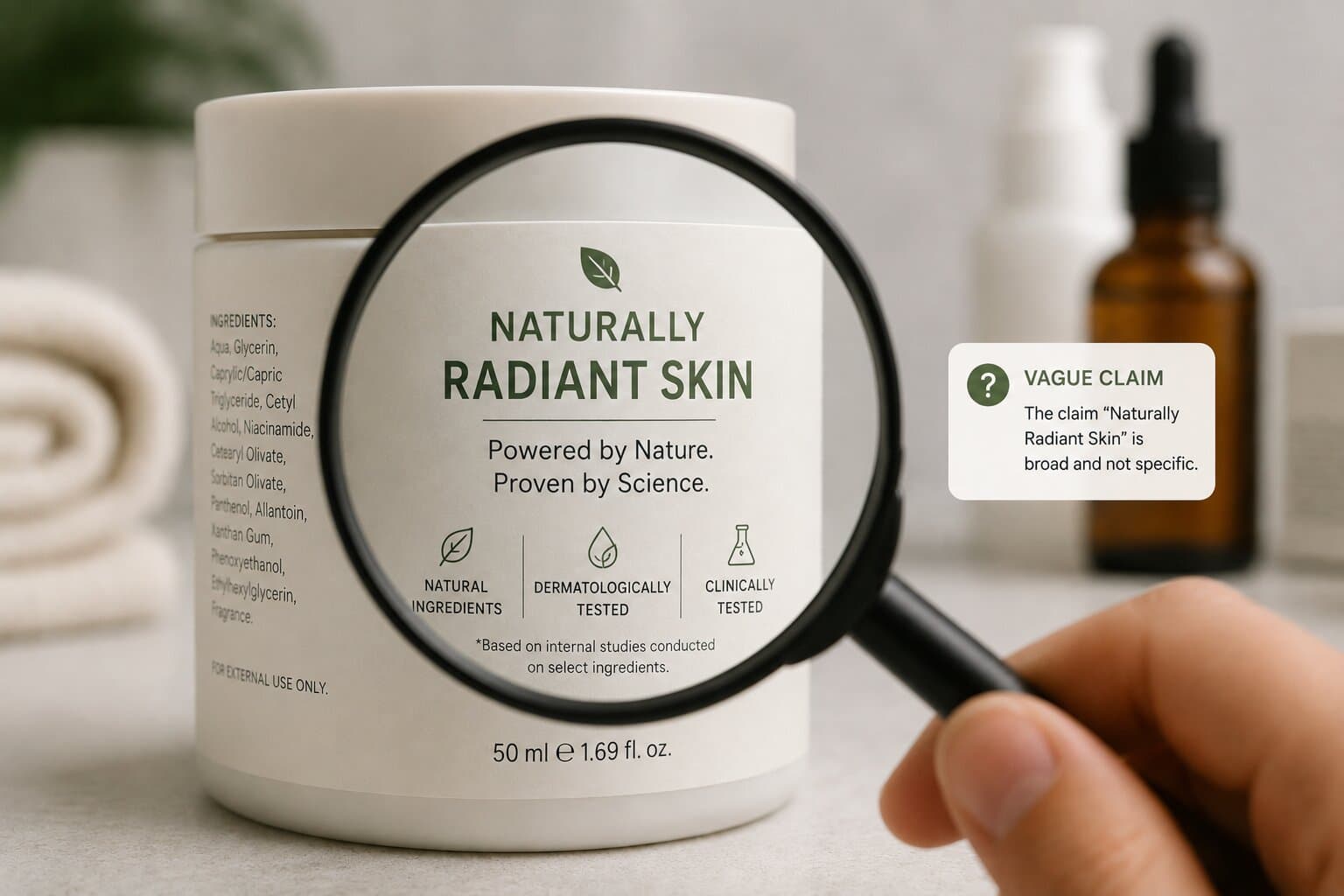 A magnifying glass held over a product label, examining a vague marketing claim