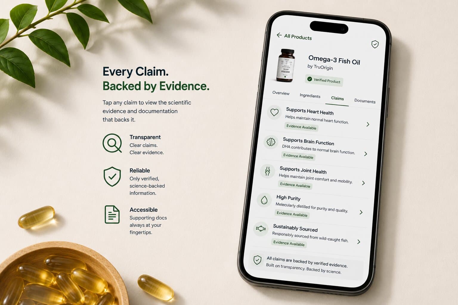 A mobile screen showing a structured product page with tappable claims linked to evidence